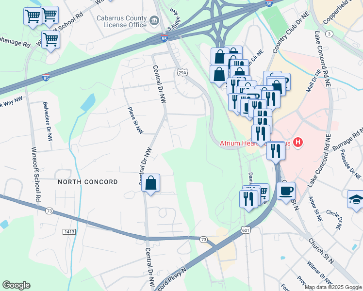 map of restaurants, bars, coffee shops, grocery stores, and more near 122 Aaron Place Northwest in Concord