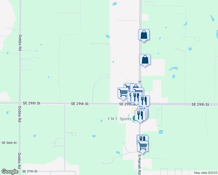 map of restaurants, bars, coffee shops, grocery stores, and more near 2801 Del Rey Road in Harrah