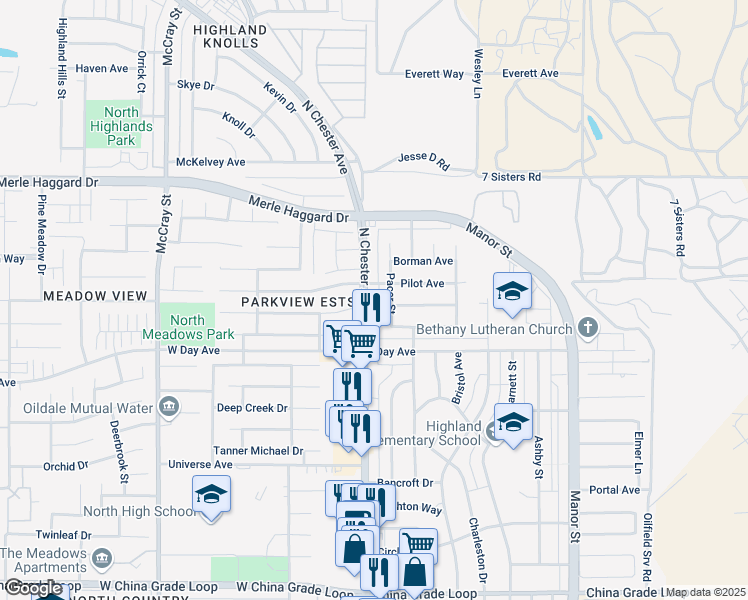 map of restaurants, bars, coffee shops, grocery stores, and more near 125 Pilot Avenue in Bakersfield