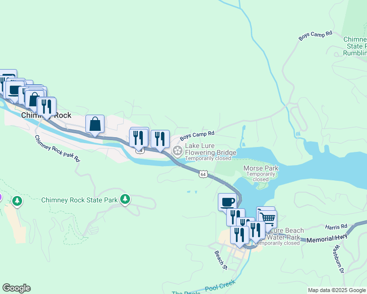 map of restaurants, bars, coffee shops, grocery stores, and more near 160 Boys Camp Road in Lake Lure