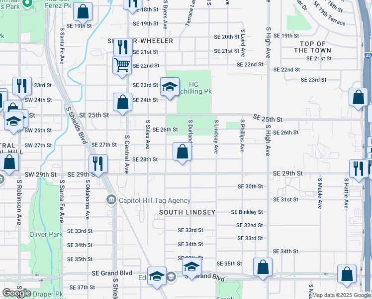 map of restaurants, bars, coffee shops, grocery stores, and more near 543 Southeast 27th Street in Oklahoma City