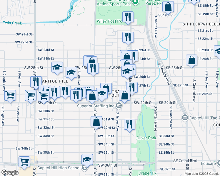 map of restaurants, bars, coffee shops, grocery stores, and more near 325 Southwest 27th Street in Oklahoma City
