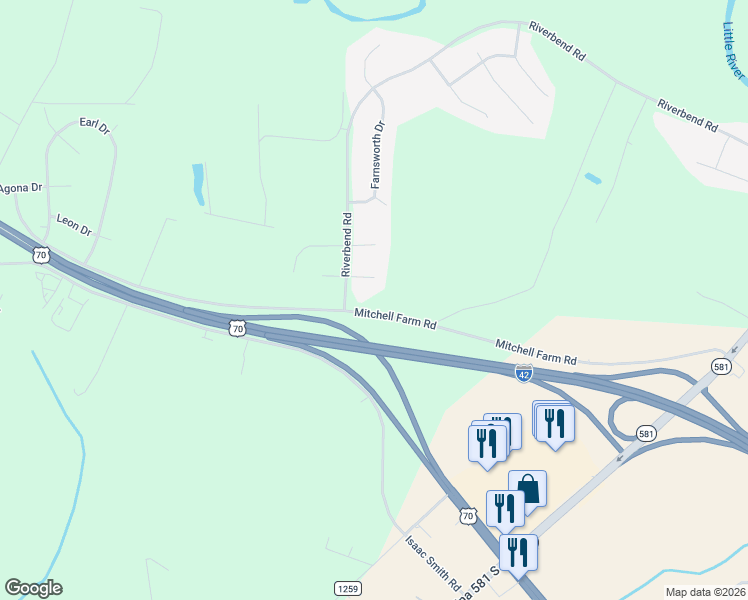 map of restaurants, bars, coffee shops, grocery stores, and more near 106 E Wendy Way in Goldsboro