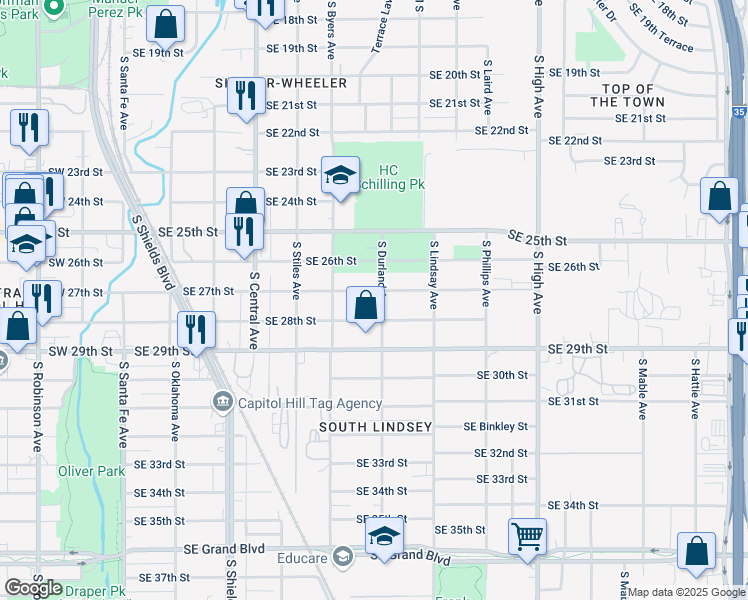 map of restaurants, bars, coffee shops, grocery stores, and more near 543 Southeast 27th Street in Oklahoma City