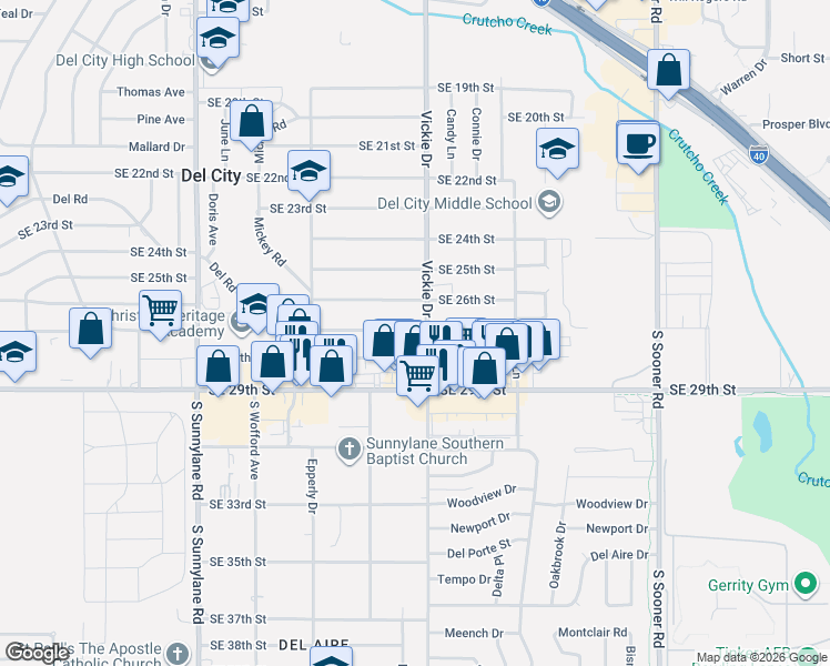 map of restaurants, bars, coffee shops, grocery stores, and more near 4701 Southeast 27th Street in Del City