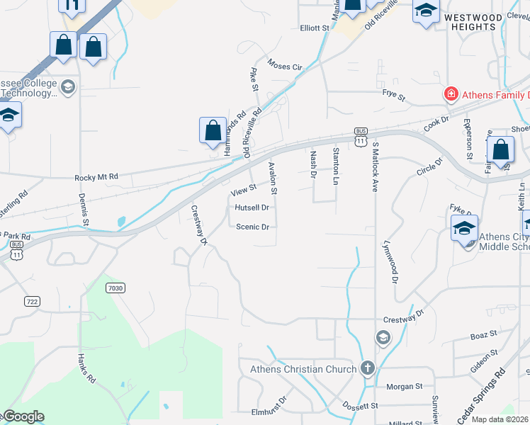 map of restaurants, bars, coffee shops, grocery stores, and more near 1606 Hutsell Drive in Athens