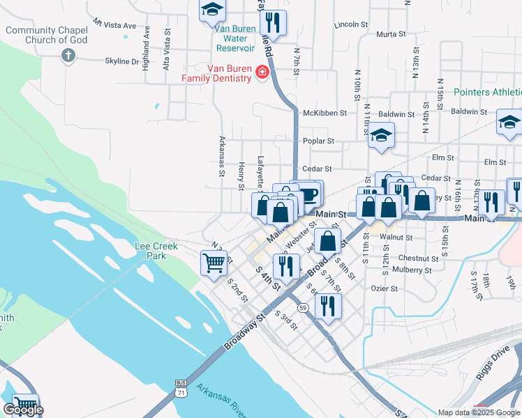 map of restaurants, bars, coffee shops, grocery stores, and more near 18 Lafayette Street in Van Buren