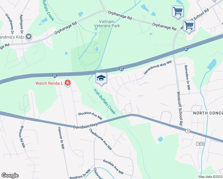 map of restaurants, bars, coffee shops, grocery stores, and more near 1558 Kindred Circle Northwest in Concord