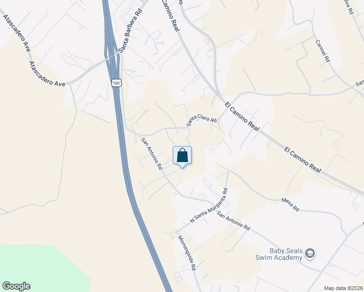 map of restaurants, bars, coffee shops, grocery stores, and more near 9340 Santa Clara Road in Atascadero