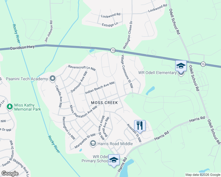 map of restaurants, bars, coffee shops, grocery stores, and more near 9539 Indian Beech Avenue Northwest in Concord