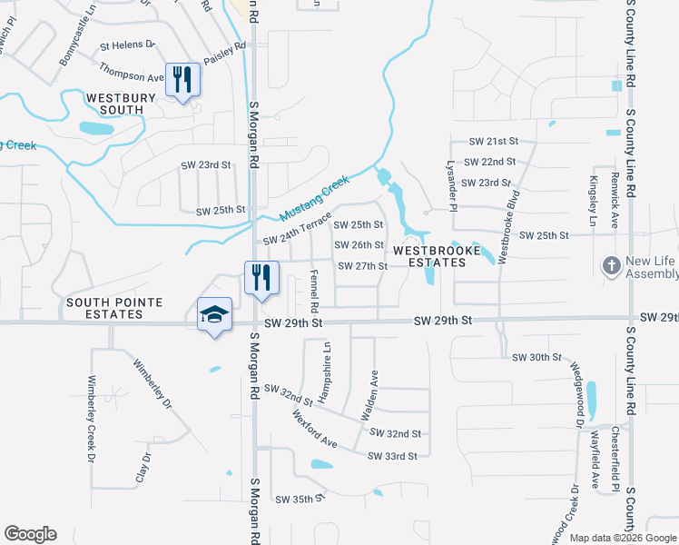 map of restaurants, bars, coffee shops, grocery stores, and more near 9529 Southwest 27th Street in Oklahoma City