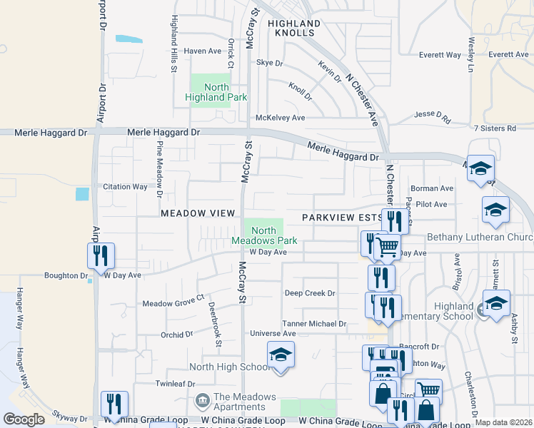 map of restaurants, bars, coffee shops, grocery stores, and more near 406 Rian Noelle Court in Bakersfield