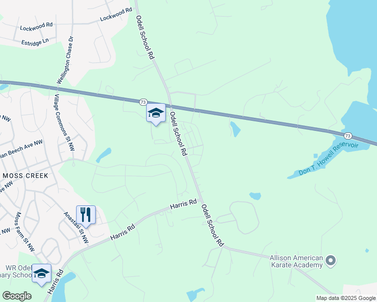 map of restaurants, bars, coffee shops, grocery stores, and more near 1760 Odell School Road in Concord