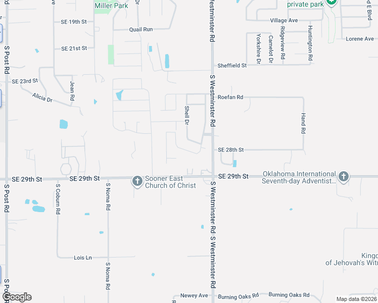 map of restaurants, bars, coffee shops, grocery stores, and more near 10800 Southeast 27th Street in Midwest City