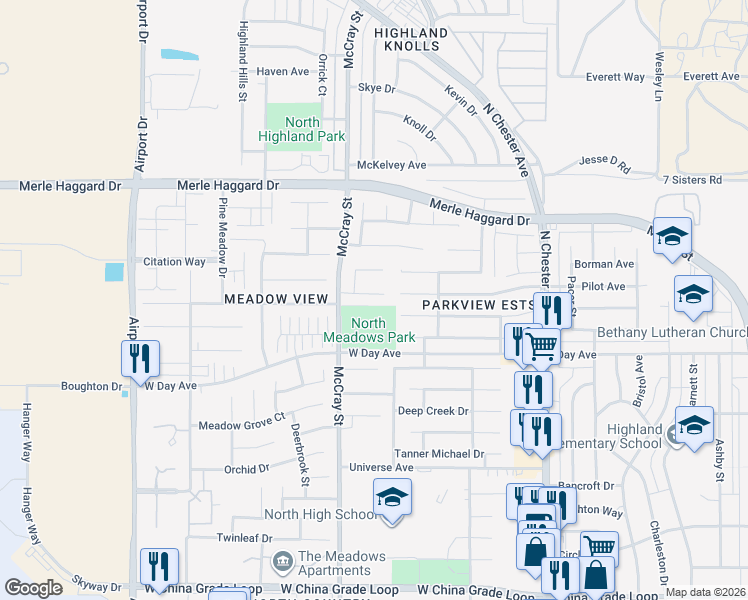 map of restaurants, bars, coffee shops, grocery stores, and more near 406 Rian Noelle Court in Bakersfield