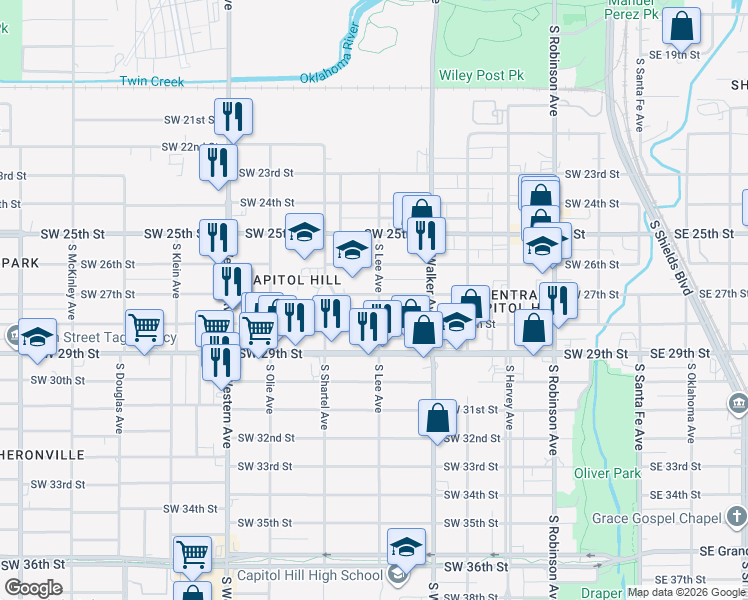 map of restaurants, bars, coffee shops, grocery stores, and more near 600 Southwest 27th Street in Oklahoma City