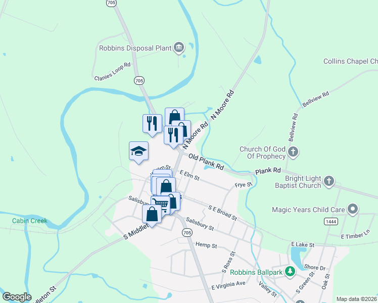 map of restaurants, bars, coffee shops, grocery stores, and more near 100 North Carolina 705 in Robbins