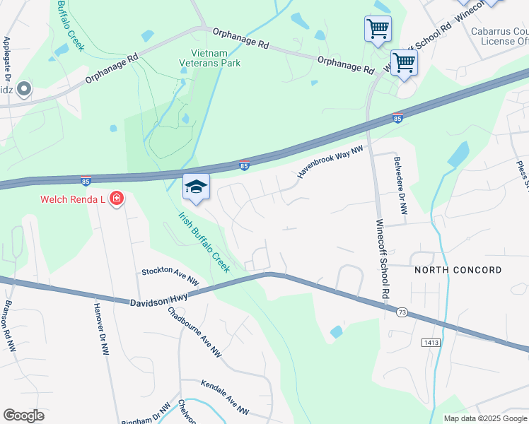 map of restaurants, bars, coffee shops, grocery stores, and more near 1381 Kison Court Northwest in Concord