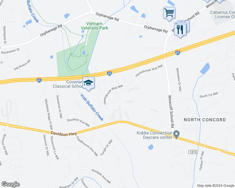 map of restaurants, bars, coffee shops, grocery stores, and more near 1377 Kison Court Northwest in Concord