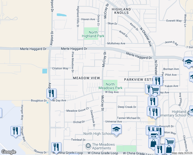 map of restaurants, bars, coffee shops, grocery stores, and more near 523 Meadow Rise Court in Bakersfield