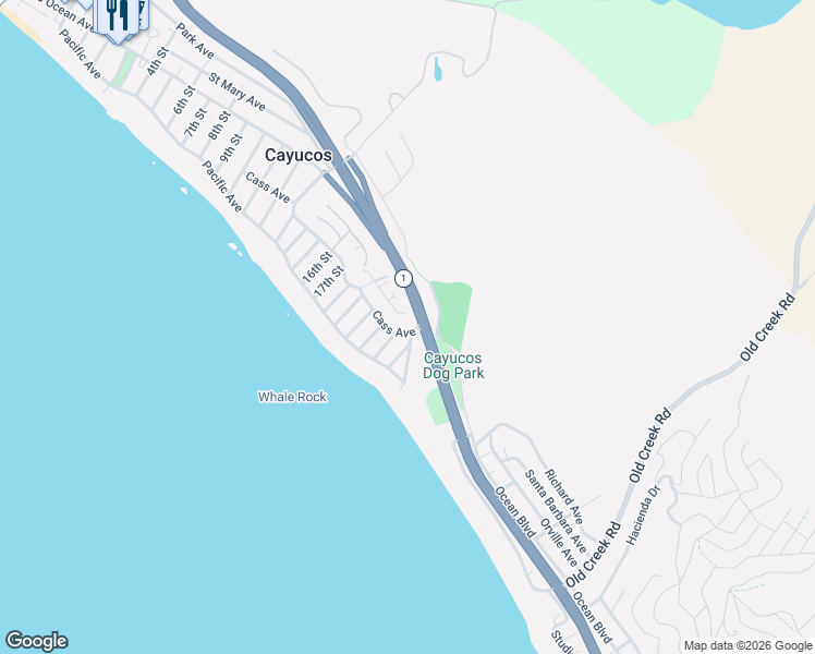 map of restaurants, bars, coffee shops, grocery stores, and more near 2190 Circle Drive in Cayucos