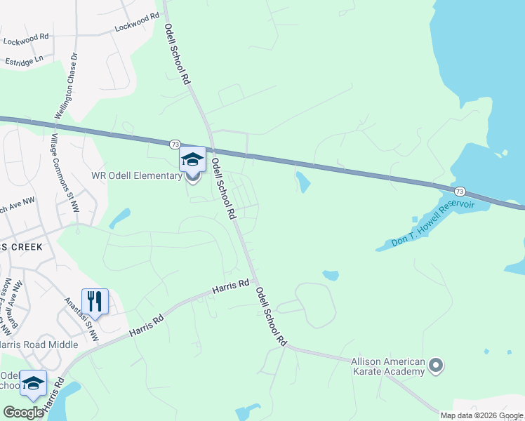 map of restaurants, bars, coffee shops, grocery stores, and more near 1760 Odell School Road in Concord