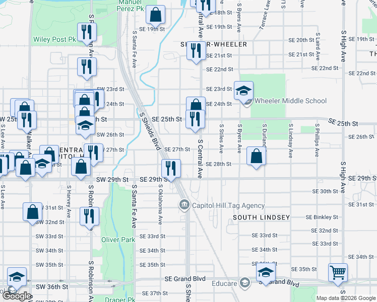 map of restaurants, bars, coffee shops, grocery stores, and more near 221 Southeast 27th Street in Oklahoma City