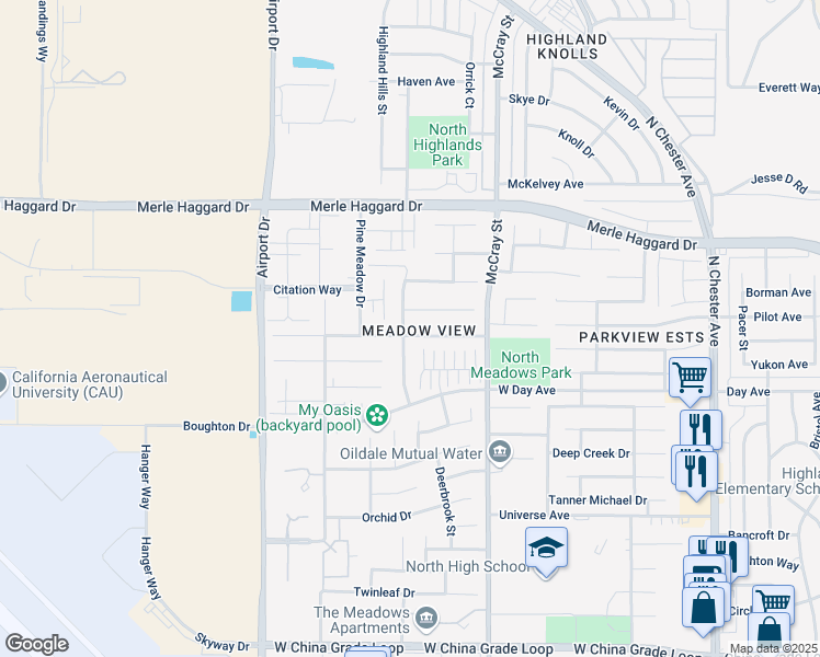 map of restaurants, bars, coffee shops, grocery stores, and more near 622 Sunset Meadow Lane in Bakersfield
