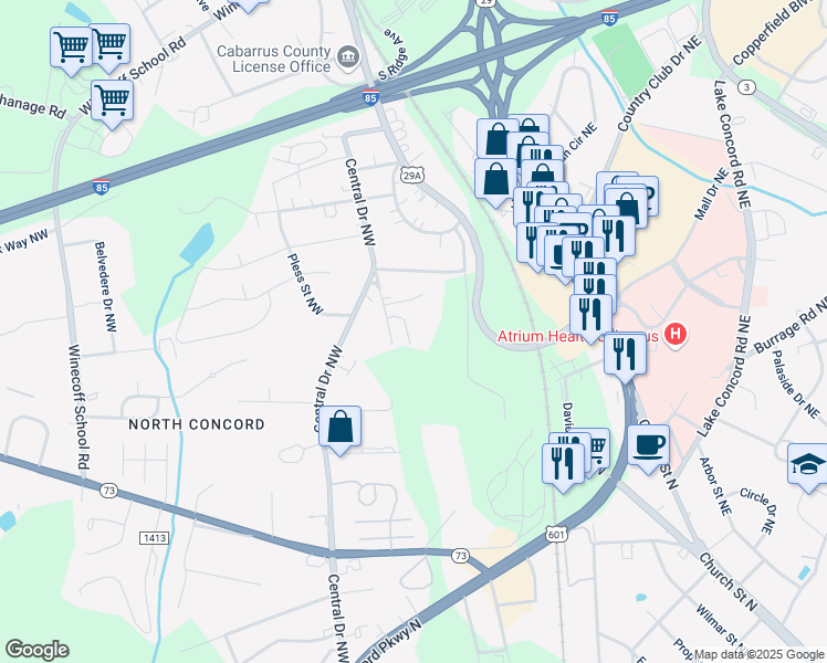 map of restaurants, bars, coffee shops, grocery stores, and more near 128 Aaron Place Northwest in Concord