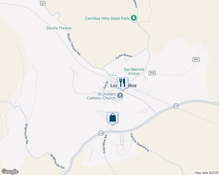 map of restaurants, bars, coffee shops, grocery stores, and more near 44 Main Street in Los Cerrillos