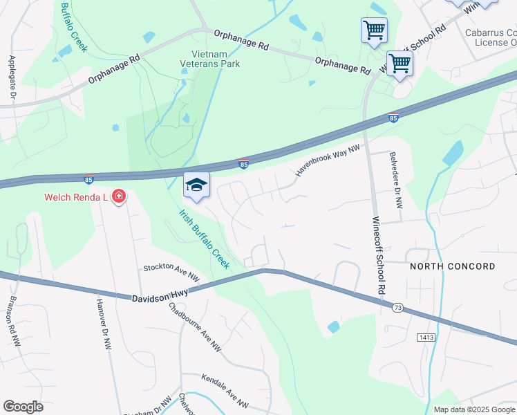 map of restaurants, bars, coffee shops, grocery stores, and more near 1373 Kison Court Northwest in Concord