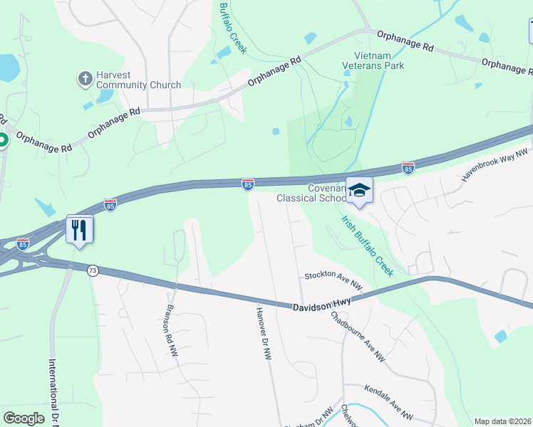 map of restaurants, bars, coffee shops, grocery stores, and more near 1601 Dennbriar Drive Northwest in Concord