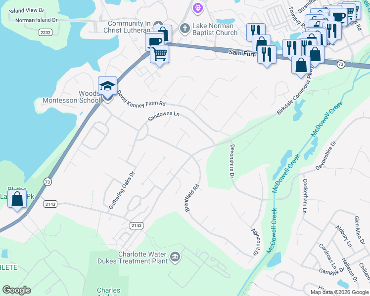 map of restaurants, bars, coffee shops, grocery stores, and more near 15806 Kinlocke Drive in Huntersville