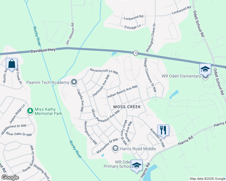 map of restaurants, bars, coffee shops, grocery stores, and more near 9622 Ravenscroft Lane Northwest in Concord