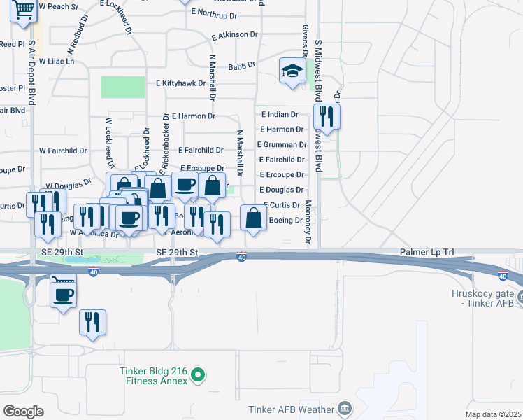 map of restaurants, bars, coffee shops, grocery stores, and more near 502 East Curtis Drive in Midwest City