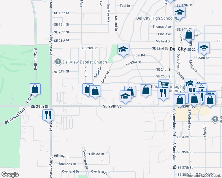 map of restaurants, bars, coffee shops, grocery stores, and more near 3637 Southeast 27th Street in Del City