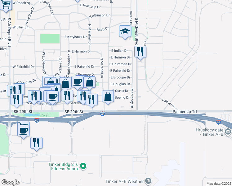 map of restaurants, bars, coffee shops, grocery stores, and more near 502 East Curtis Drive in Midwest City