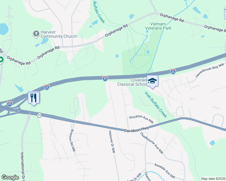map of restaurants, bars, coffee shops, grocery stores, and more near 1601 Dennbriar Drive Northwest in Concord