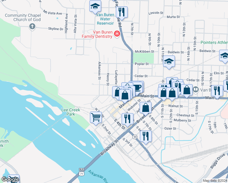 map of restaurants, bars, coffee shops, grocery stores, and more near 18 Lafayette Street in Van Buren