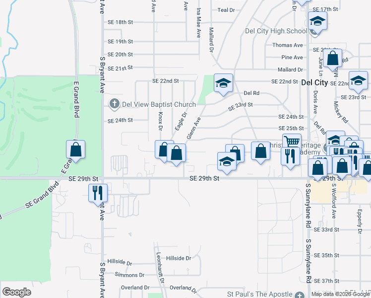 map of restaurants, bars, coffee shops, grocery stores, and more near 2612 Glenn Avenue in Del City