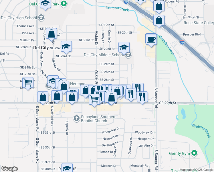 map of restaurants, bars, coffee shops, grocery stores, and more near 4733 Southeast 27th Street in Del City