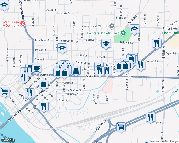 map of restaurants, bars, coffee shops, grocery stores, and more near 1602 Cherry Street in Van Buren