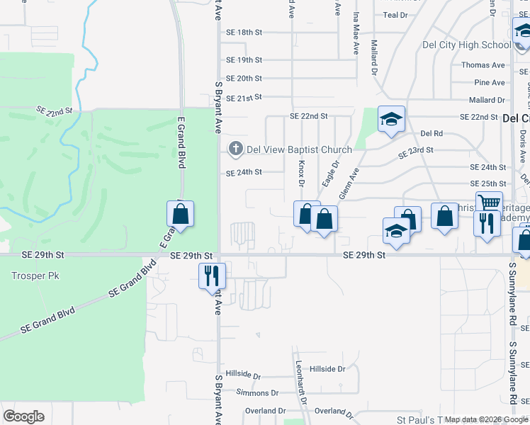 map of restaurants, bars, coffee shops, grocery stores, and more near 3300 Southeast 27th Street in Del City