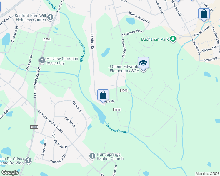 map of restaurants, bars, coffee shops, grocery stores, and more near 3408 Cemetery Road in Sanford