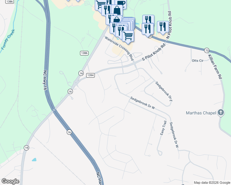 map of restaurants, bars, coffee shops, grocery stores, and more near 7418 Gate Key Court in Stanley
