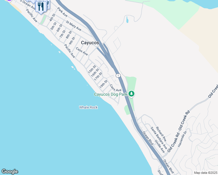 map of restaurants, bars, coffee shops, grocery stores, and more near 46 20th Street in Cayucos