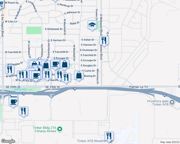 map of restaurants, bars, coffee shops, grocery stores, and more near 520 East Curtis Drive in Midwest City