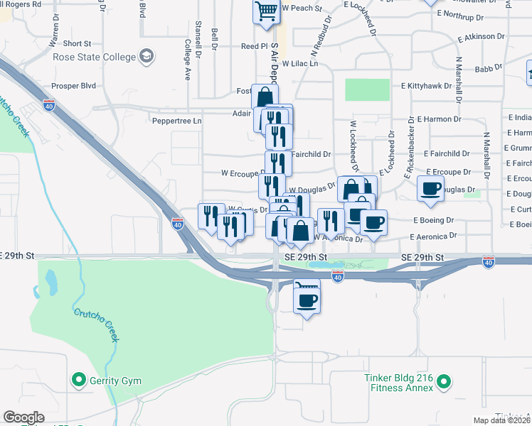 map of restaurants, bars, coffee shops, grocery stores, and more near 402 West Curtis Drive in Midwest City