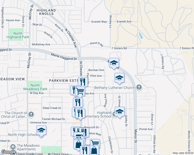 map of restaurants, bars, coffee shops, grocery stores, and more near 309 Pilot Avenue in Bakersfield