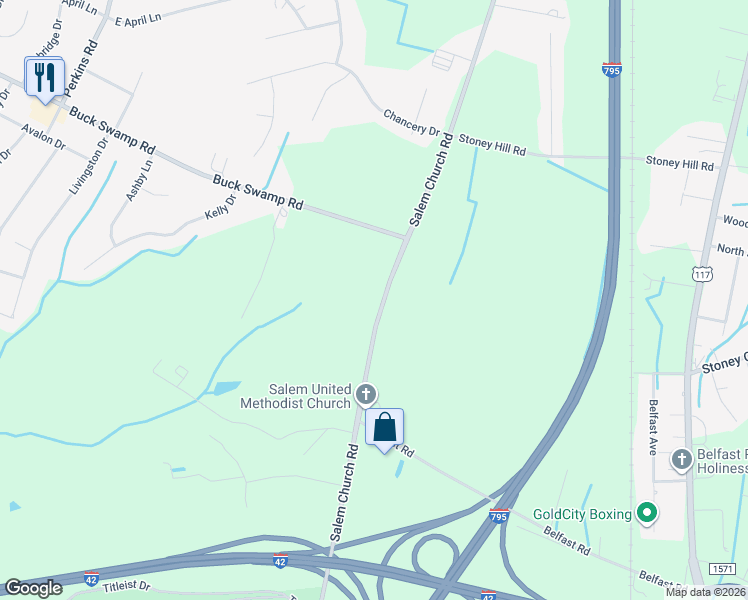 map of restaurants, bars, coffee shops, grocery stores, and more near 2809 Salem Church Road in Goldsboro